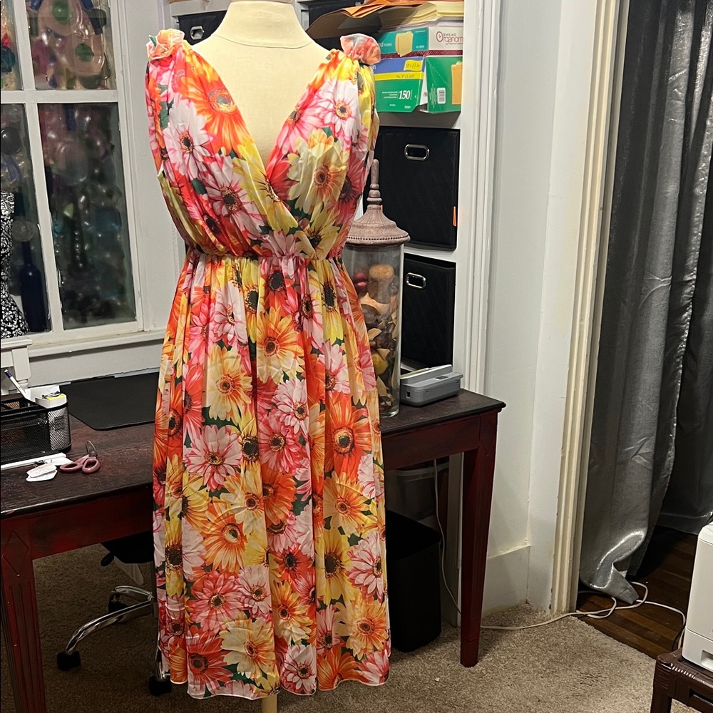 Floral Wrap Midi Dress in Pink, Yellow & Orange